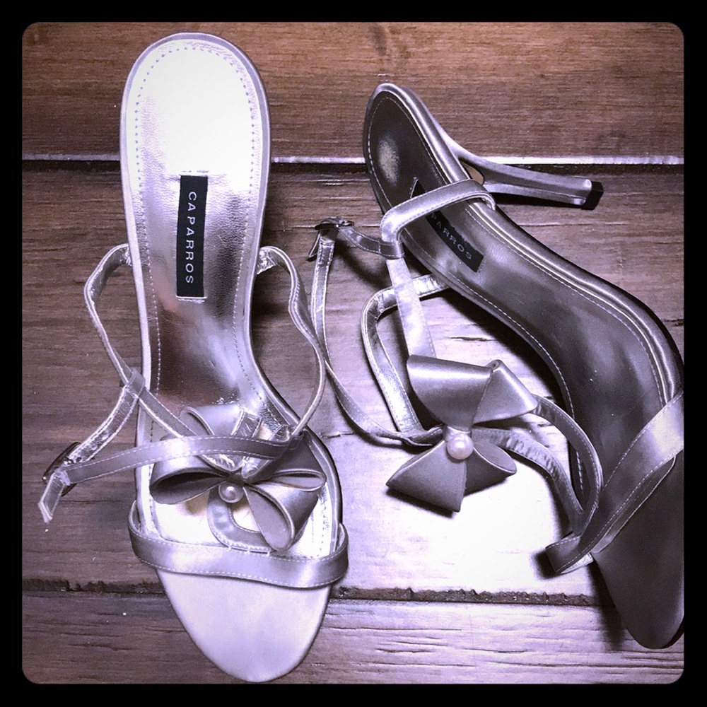Pearl bow tie satin silver formal or prom heels